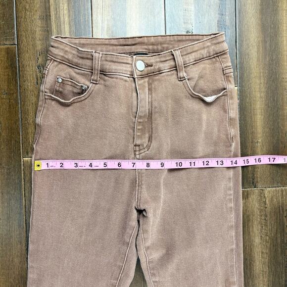 CiderSz S Brown Flare Denim Jeans High Waist Fall Belt Loop Pockets Frayed Hem - Picture 3 of 9